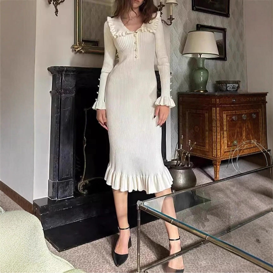 Women's Solid Color French Pleated Knit Casual Dress