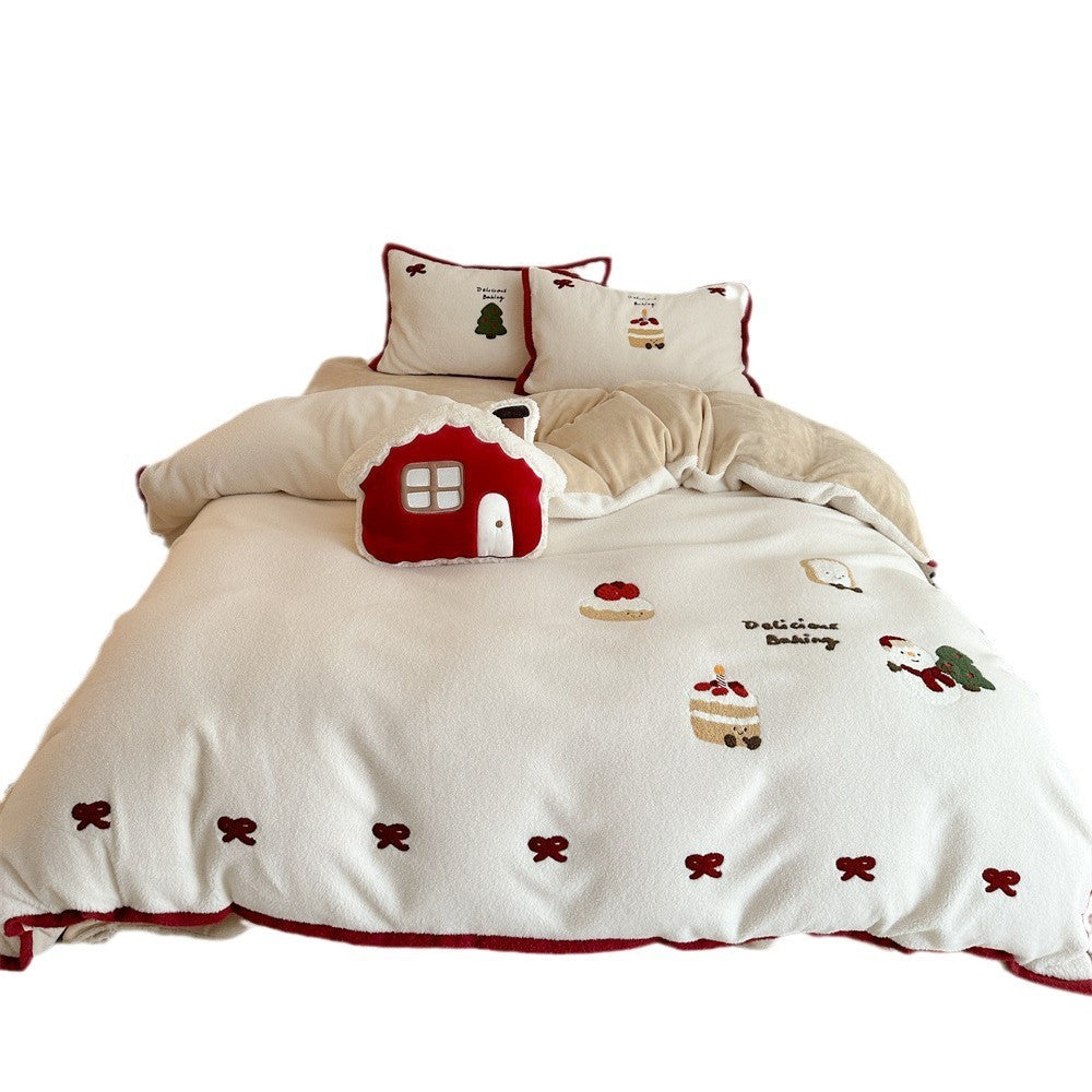 Winter Christmas 4-Piece Cashmere Bedding Set – Thickened Plush with Cute Cartoon & Girly Heart Design