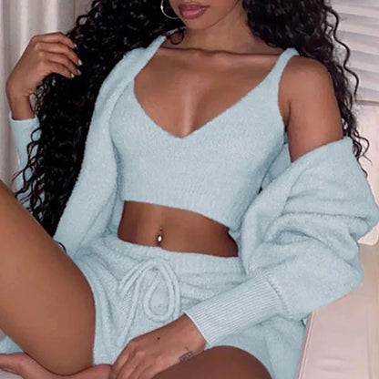 3-Piece Women’s Pajama Set – Long Sleeve Crop Top + Tank + Drawstring Shorts