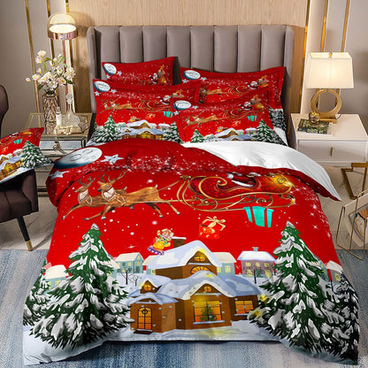 Piece Christmas Bedding Set – Digital Print Featuring Santa Claus, Christmas Tree & Snowman