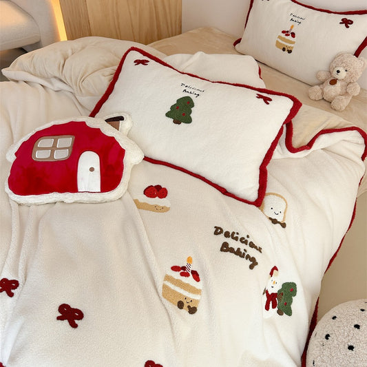 Winter Christmas 4-Piece Cashmere Bedding Set – Thickened Plush with Cute Cartoon & Girly Heart Design
