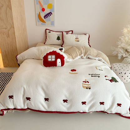 Winter Christmas 4-Piece Cashmere Bedding Set – Thickened Plush with Cute Cartoon & Girly Heart Design
