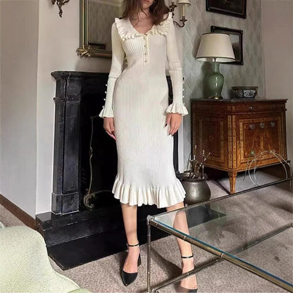 Women's Solid Color French Pleated Knit Casual Dress