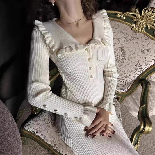 Women's Solid Color French Pleated Knit Casual Dress