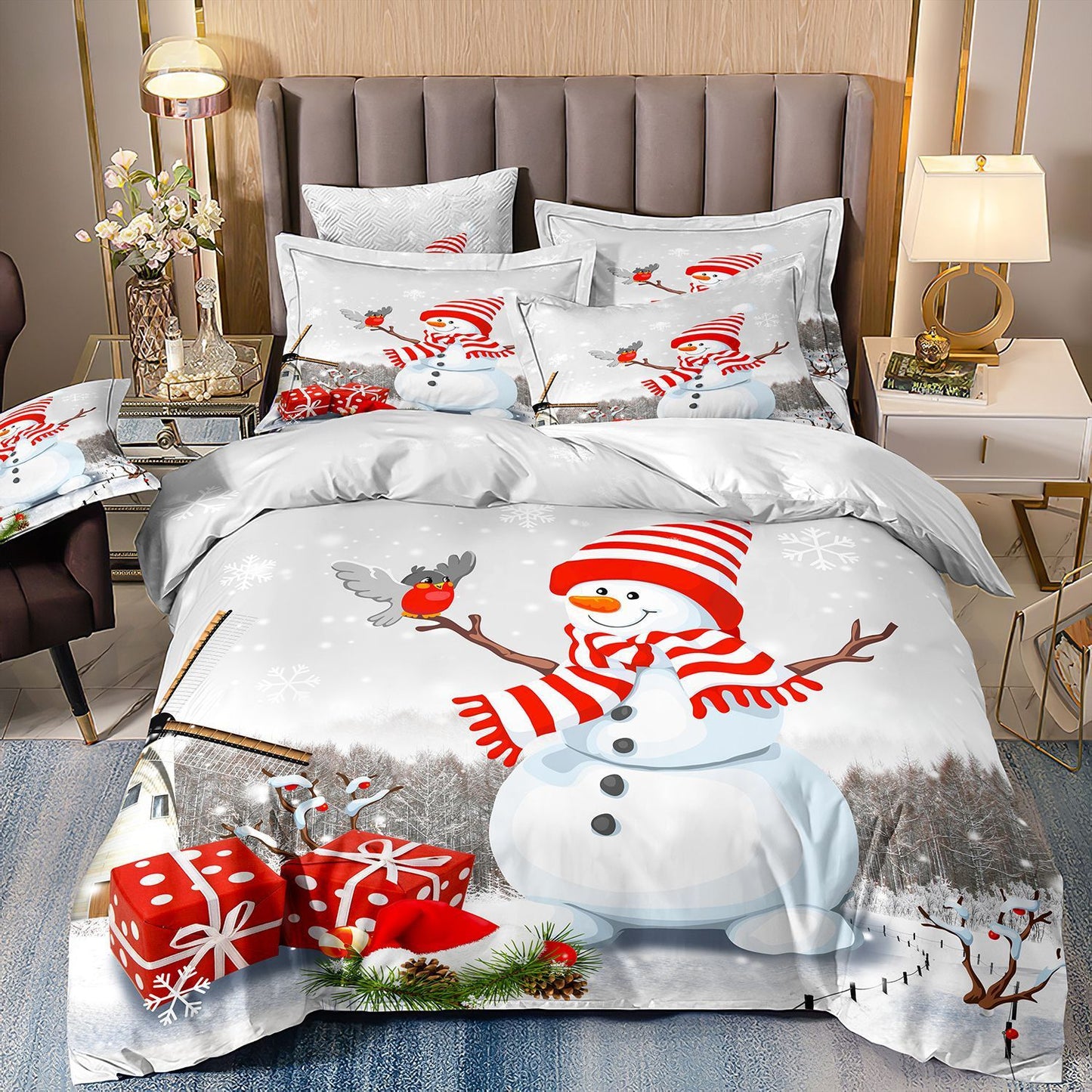 Piece Christmas Bedding Set – Digital Print Featuring Santa Claus, Christmas Tree & Snowman