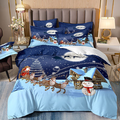 Piece Christmas Bedding Set – Digital Print Featuring Santa Claus, Christmas Tree & Snowman