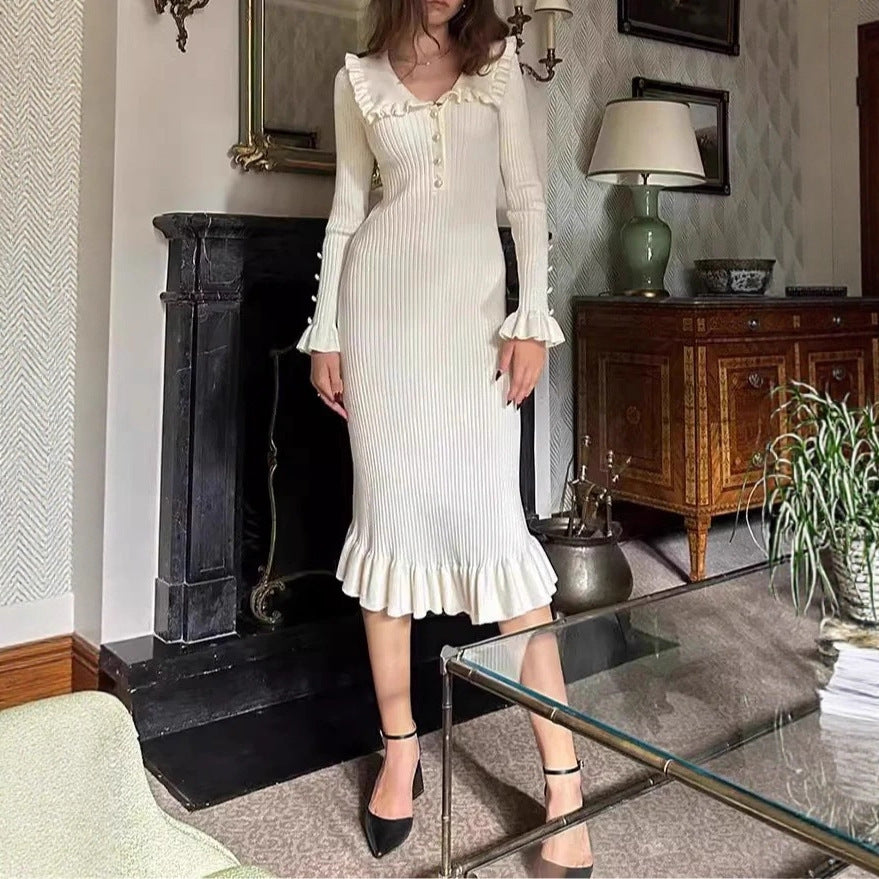 Women's Solid Color French Pleated Knit Casual Dress