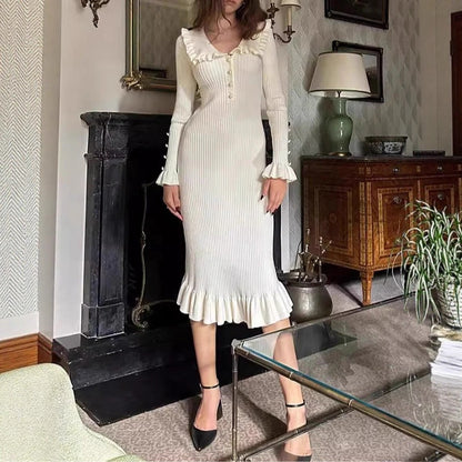 Women's Solid Color French Pleated Knit Casual Dress