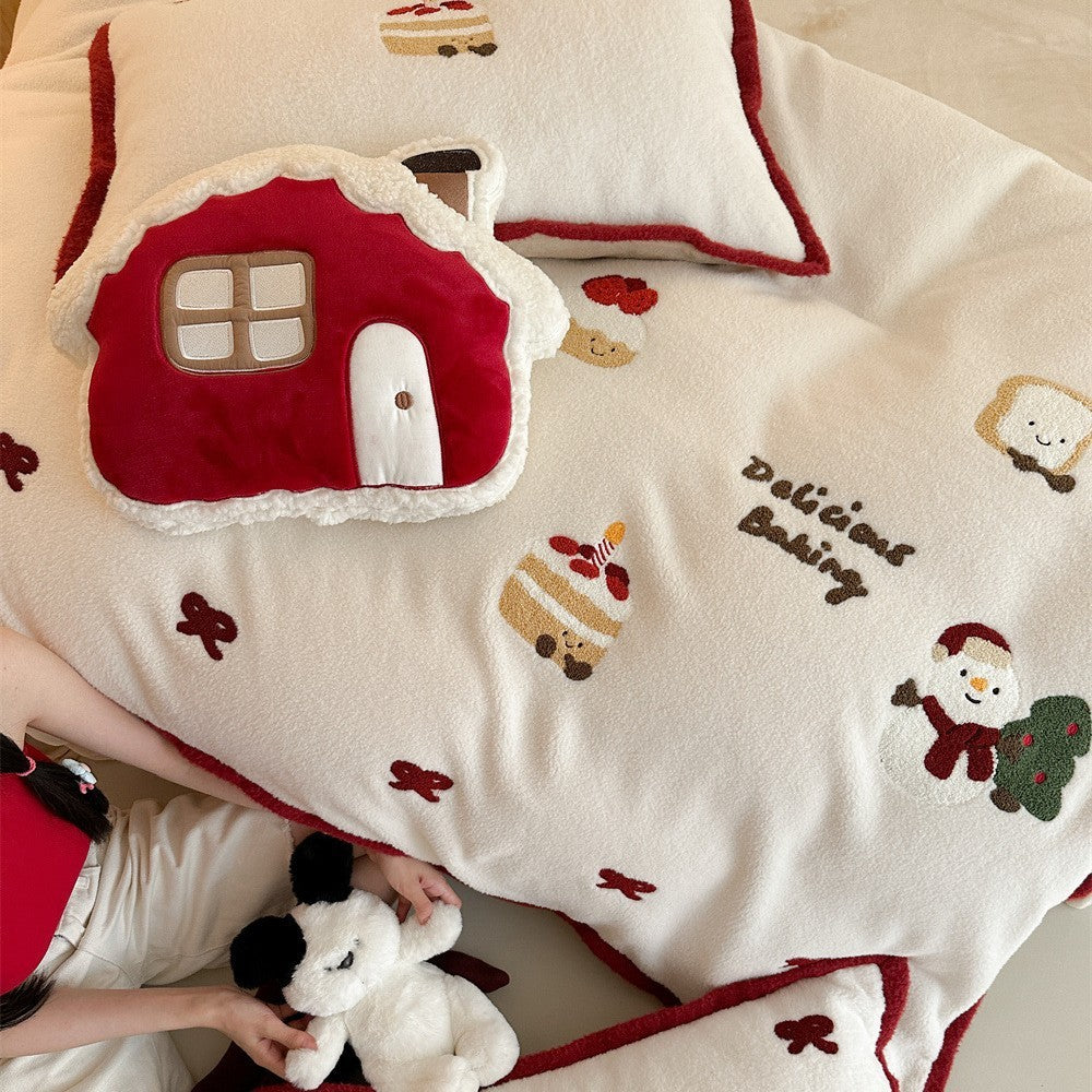 Winter Christmas 4-Piece Cashmere Bedding Set – Thickened Plush with Cute Cartoon & Girly Heart Design