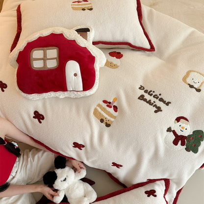 Winter Christmas 4-Piece Cashmere Bedding Set – Thickened Plush with Cute Cartoon & Girly Heart Design
