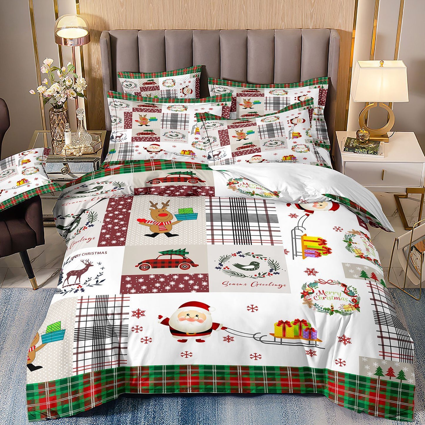 Piece Christmas Bedding Set – Digital Print Featuring Santa Claus, Christmas Tree & Snowman