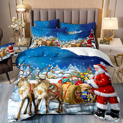 Piece Christmas Bedding Set – Digital Print Featuring Santa Claus, Christmas Tree & Snowman
